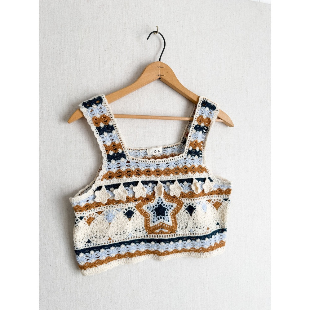 POL Crochet Crop Top Star Boho Festival Knit Tank‎ Cream Blue Tan Square Neck - Picture 3 of 4